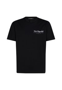 Musta puuvillapaita, jossa on pyöreä kaula-aukko, lyhyet hihat ja valkoinen painatettu logo, jossa lukee "Karl Lagerfeld" ja "21 RUE ST-GUILLAUME PARIS."