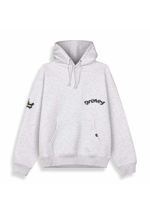 Sudadera de algodón gris con un bolsillo frontal, capucha con cordones y logo impreso en negro en el pecho y la manga. Presenta puños y dobladillo acanalados.