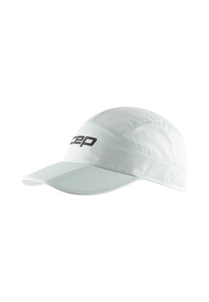 Light blue running cap made of breathable fabric, featuring a curved brim and a black logo on the front. Seam details are visible.