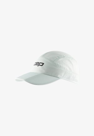 Light blue running cap made of breathable fabric, featuring a curved brim and a black logo on the front. Seam details are visible.