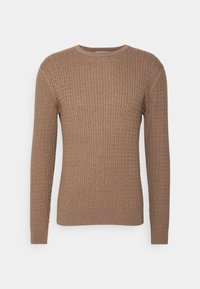 Brun ribbstickad tröja med långa ärmar och rund halsringning, med en texturerad yta och normal passform, tillverkad av mjukt material.