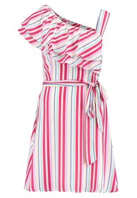 Yksivartinen mekko, jossa on renkaita yksityiskohtina ja pystysuuntainen raidoitus vaaleanpunaisena, valkoisena, vihreänä ja sinisenä. Kangas on sileä ja siinä on vyö.