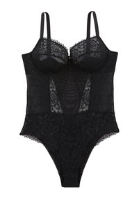 Body en dentelle noire avec bonnets à armatures, bretelles réglables et motifs floraux, doté de détails en tulle transparent et de bords en dentelle festonnée.