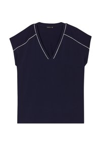 Marineblaues V-Ausschnitt-T-Shirt mit kurzen Ärmeln und weißen Paspeln entlang der Schulternaht. Weicher Stoff, lässige Passform und gerader Saum.
