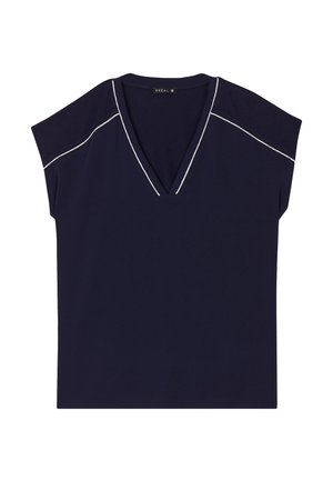 Navyblauwe V-hals korte mouwen top met witte biezen langs de schoudernaden. Zachte stof, relaxte pasvorm en een rechte zoom.