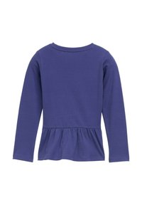 Dugi rukav ljubičasta majica s okruglim izrezom i peplum dizajnom na porubu, izrađena od mekog pamučnog materijala s glatkom teksturom.