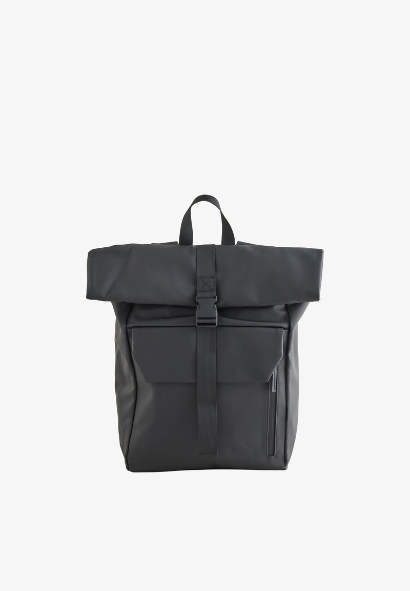 Black roll-top backpack with a front flap pocket, a vertical zippered pocket on the side, and a central buckle strap closure.