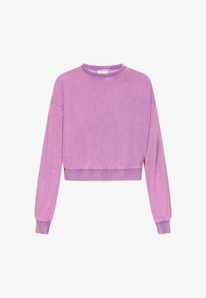 Fioletowy skrócony sweter z długimi rękawami, okrągłym dekoltem i ściągaczami. Materiał ma miękką teksturę i subtelne tonalne zróżnicowanie.