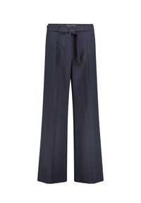 Pantalon large taille haute bleu marine en tissu doux, avec ceinture nouée, plis devant et texture lisse.