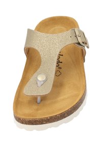 Sandalo flip-flop con glitter dorato, soletta imbottita marrone, fibbia regolabile in tonalità argento e suola bianca testurizzata.