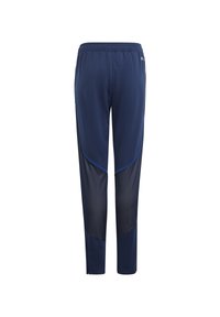 Navy athletic pants with a textured mesh side panel and contrasting blue accents; elastic waistband; tapered leg design.