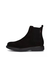 Stivaletti Chelsea alla caviglia in suede nero con pannelli elastici laterali, suola in gomma testurizzata e linguetta posteriore per facilita' di calzata. Superficie liscia, design elegante.