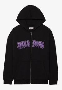 Felpa nera con zip realizzata in un mix di cotone, caratterizzata da una grafica stampata viola con la scritta "DARKNESS" sul davanti. Include cappuccio con coulisse e tasche frontali.