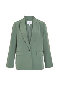 Blazer verde con rever a punta, due tasche frontali, chiusura a un bottone, realizzato in tessuto liscio e caratterizzato da una vestibilità rilassata.