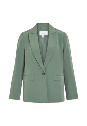 Grüner Blazer mit Reverskragen, zwei Fronttaschen, einknopfverschluss, aus glattem Stoff, mit lockerer Passform.