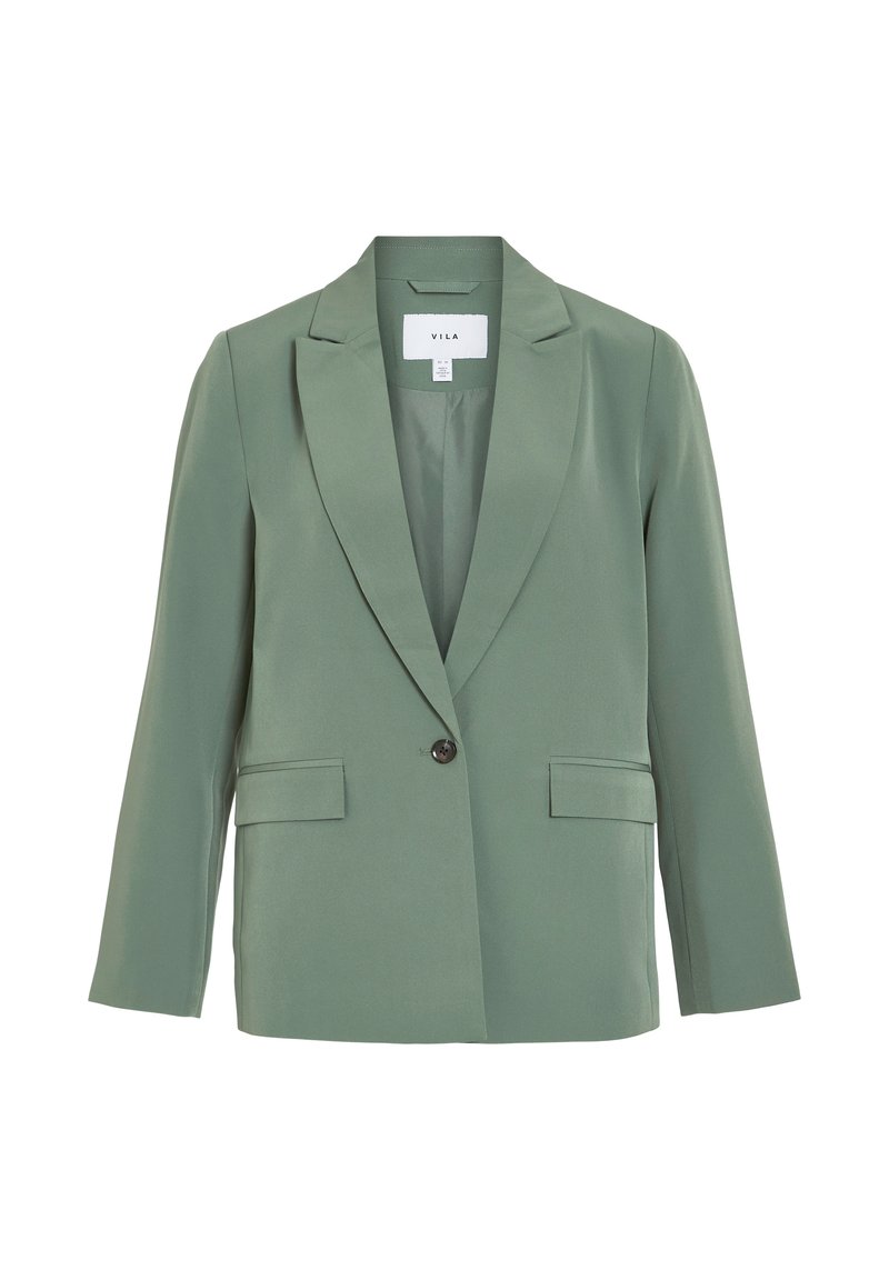 Blazer vert avec un col cranté, deux poches avant, fermeture à un bouton, fait en tissu doux, présentant une coupe décontractée.