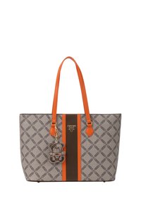 Grijze draagtas met een geometrisch patroon, oranje leren handvatten en een bruine middenstreep. Inclusief een pluche beer sleutelhanger die eraan bevestigd is.