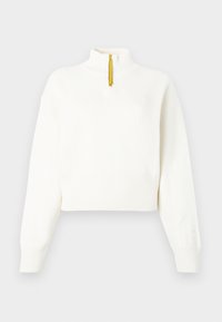 Bílý dlouhý rukáv cropped pulovr s žebrovanými manžetami a lemem, žlutý polo-zip a vyražené logo North Face na přední straně.