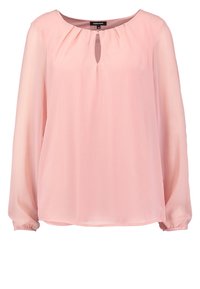 Blouse rose à manches longues en tissu léger, dotée d'un col rond avec un détail en forme de trou de serrure et d'accents froncés aux épaules.