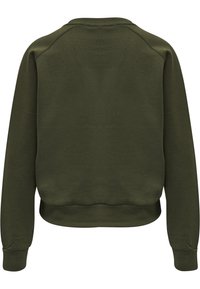 Felpa verde oliva, tessuto morbido, polsini e orlo a costine, scollo rotondo e maniche raglan, con uno schienale liscio e senza decorazioni.