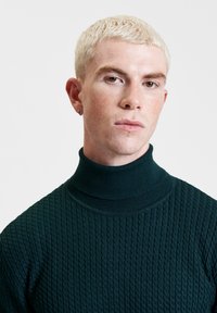 Maglione a collo alto di colore verde scuro con un design a treccia testurizzata, caratterizzato da un colletto alto e dettagli a coste attorno al collo.