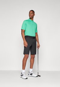 Πράσινο πόλο μπλουζάκι με κοντά μανίκια, μαύρες βερμούδες και λευκά παπούτσια γκολφ. Ένα μπαστούνι γκολφ κρατιέται στο ένα χέρι. Λείο υλικό, μοντέρνος σχεδιασμός.