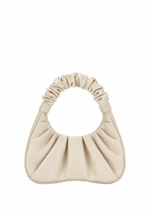 Sac à main en cuir beige avec poignée froncée et corps doux plissé, conçu pour être porté à la main ou à l'épaule.