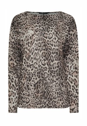 Langærmet top i let stof med et beige og brunt leopardprint-mønster, afslappet pasform og rund halsudskæring.