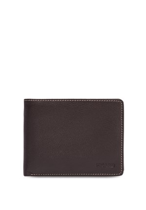 Dark brown leather wallet with white stitching and embossed brand name Picard in bottom right corner, shown closed on white background.