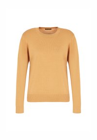 Pullover con scollo rotondo di colore giallo senape, in maglia, maniche lunghe e orlo e polsini a coste; presenta un discreto ricamo con il logo sul davanti.