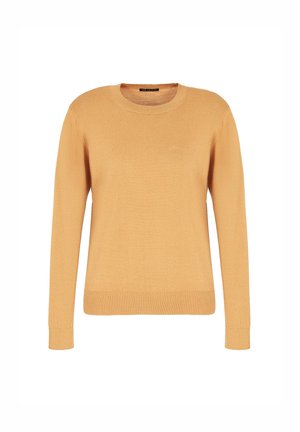 Pullover con scollo rotondo di colore giallo senape, in maglia, maniche lunghe e orlo e polsini a coste; presenta un discreto ricamo con il logo sul davanti.