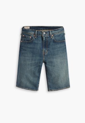 Denim shorts in a faded blue wash with a straight cut. Features five pockets, copper rivets, and a stitched hem.