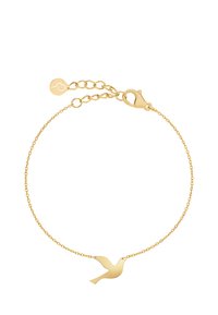 Bracciale placcato oro con ciondolo a forma di uccello, catena delicata e chiusura a moschettone regolabile. Texture liscia con finitura lucida.