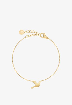 Zlatý náramok s vtáčím príveskom, jemným reťazcom a nastaviteľným klipsovým uzáverom. Hladký povrch s lesklým dokončením.