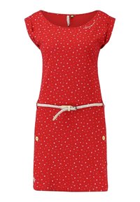 Punainen lyhythihainen mekko, jossa on pieniä valkoisia kukkakuoseja, pyöreä kaula-aukko, sivutaskut napilla ja ohut punottu valkoinen vyö vyötäröllä.