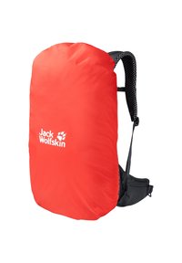 Roter Nylon-Rucksack mit schwarzen Netzriemen; verfügt über ein in Weiß gedrucktes Logo. Das Design ist einfach mit einer runden Oberseite und verstellbaren Riemen.
