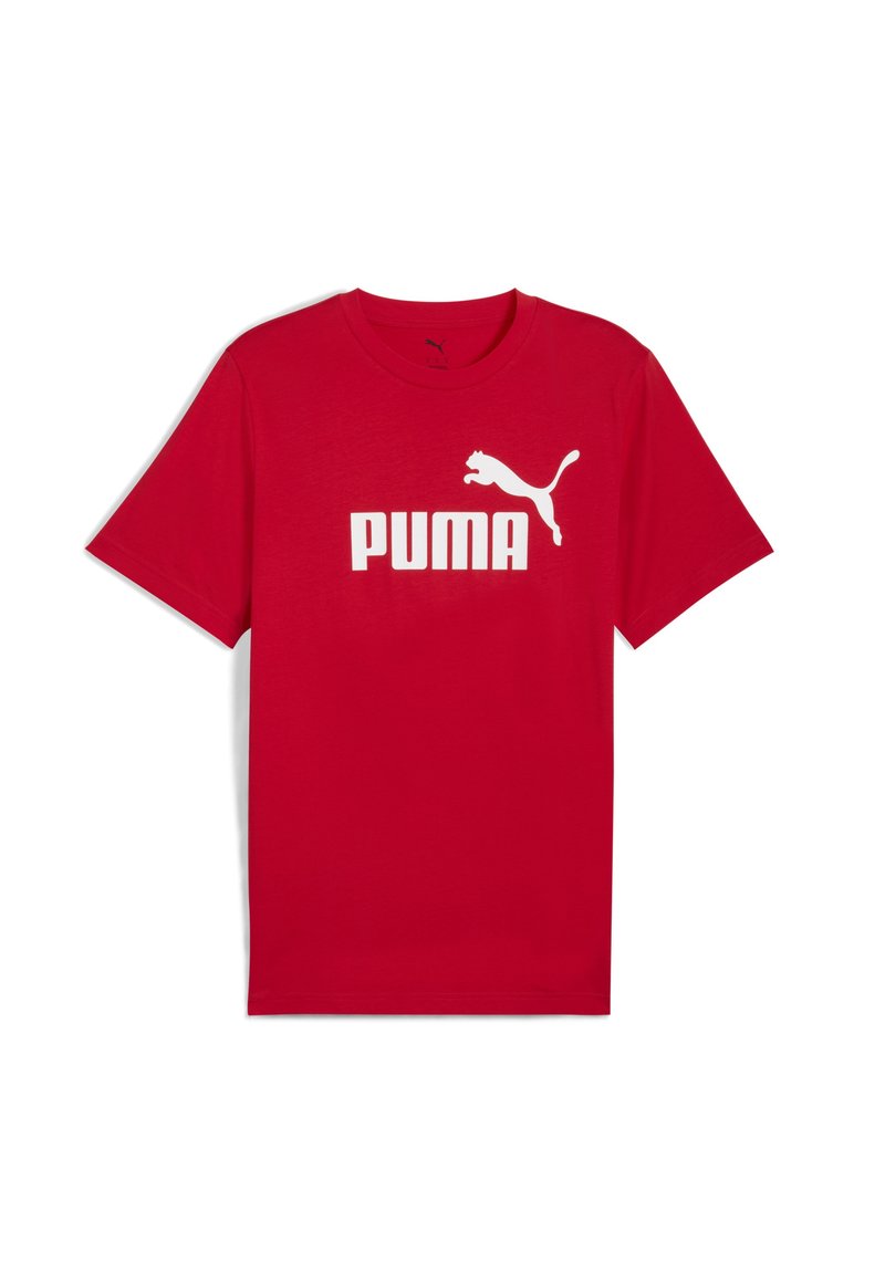 T-shirt en coton rouge avec un logo "PUMA" blanc et un graphique de puma en train de sauter. Manches courtes et design col rond. Texture lisse.