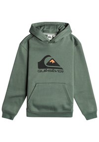 Green hooded sweatshirt made of cotton blend fabric, featuring a prominent black and orange Quiksilver logo on the front, and a kangaroo pocket.