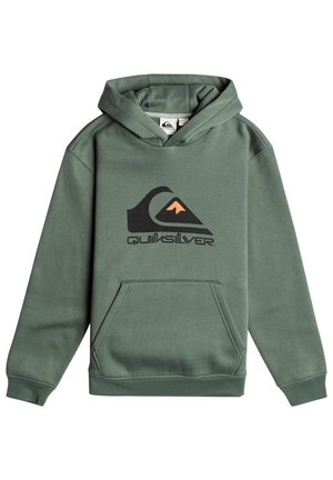 Green hooded sweatshirt made of cotton blend fabric, featuring a prominent black and orange Quiksilver logo on the front, and a kangaroo pocket.
