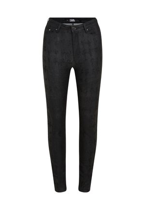 Black denim pants with a subtle textured pattern, slim fit, five-pocket design, and metal hardware accents at the waistband and pockets.