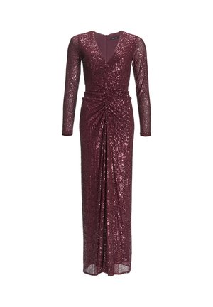 Robe bordeaux à manches longues avec un décolleté en V profond, couverte de sequins. Elle présente un détail de taille froncée et une coupe longue qui fluide.