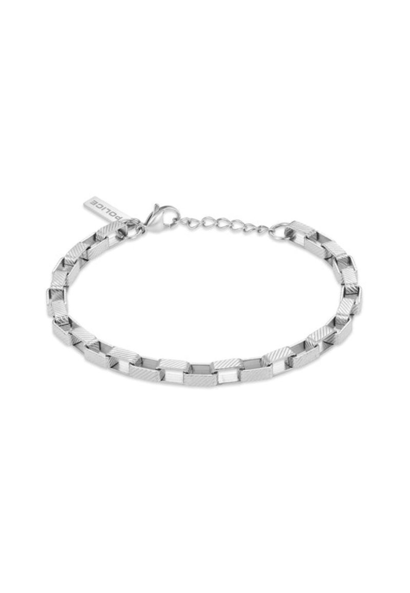 Bracciale in argento con anelli rettangolari intrecciati, caratterizzato da finiture texture e lisce. Include una chiusura a moschettone e una catena regolabile.