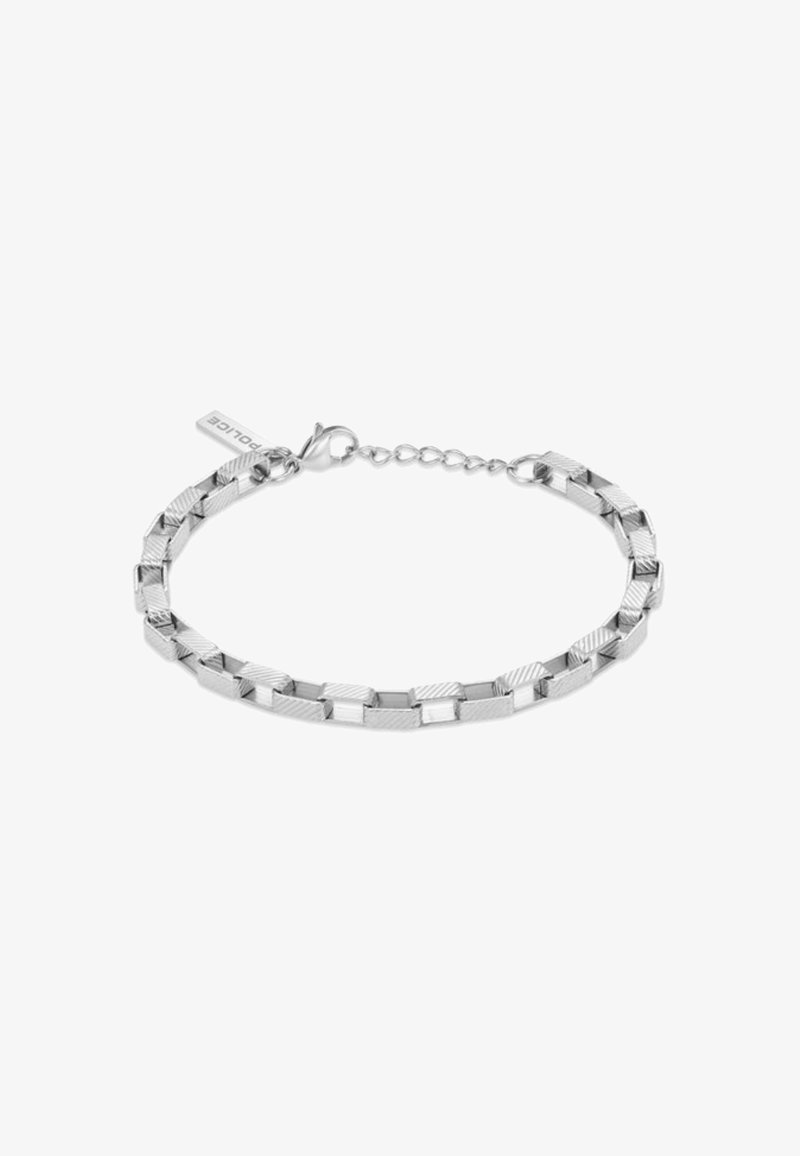 Bracciale in argento con anelli rettangolari intrecciati, caratterizzato da finiture texture e lisce. Include una chiusura a moschettone e una catena regolabile.