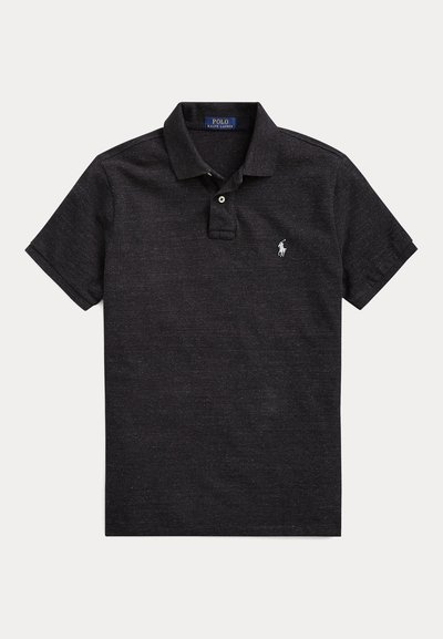 Black short-sleeve Polo Ralph Lauren shirt with collar, two-button placket, and small white embroidered logo on the left chest.