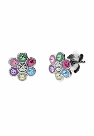 Bloemvormige oorknopjes met multicolor edelstenen in zilveren zettingen en een vlindersluiting.