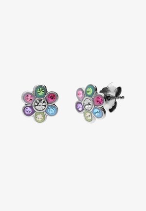 Bloemvormige oorknopjes met multicolor edelstenen in zilveren zettingen en een vlindersluiting.