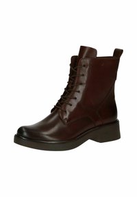 Stivale alla caviglia in pelle marrone con punta rotonda, lacci davanti e tacco basso; presenta una texture liscia e un design minimalista.