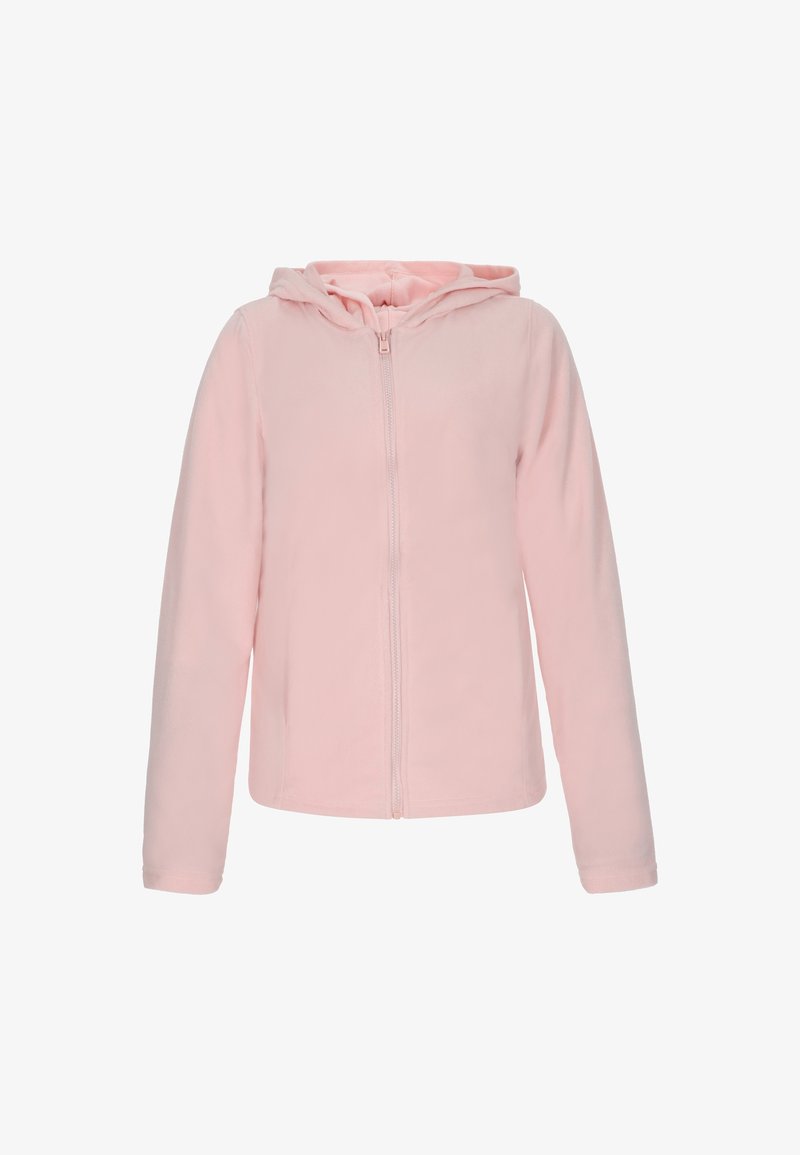 Hele roosa kapuutsiga pusa, mis on valmistatud pehmest fliiskangast. Omab täispikka lukku, kapuutsi ja pikki varrukaid ribitud mansettidega.