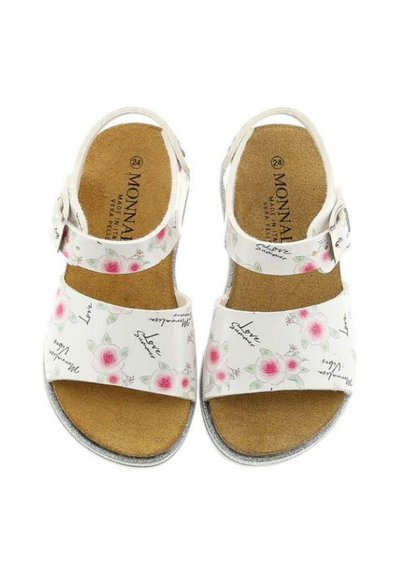 Sandali bianchi con design floreale rosa, fibbia regolabile e soletta in sughero, con dettagli in argento e testo "Love Summer".