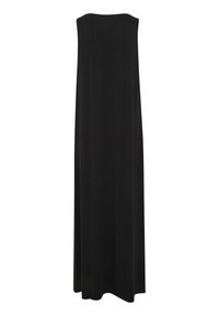 Černé bezramínkové maxi šaty, volnější střih, vyrobené z hladkého materiálu, rovný lem, minimalistický design bez ozdob a vzorů.